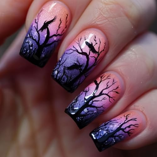 Halloween Press on Nails Medium Square Fake Nails Withered Tree 24 Pcs