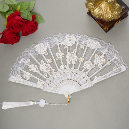 Jmkcoz White Lace Handheld Folding Fan with Embroidered Flowers for Weddings & Parties