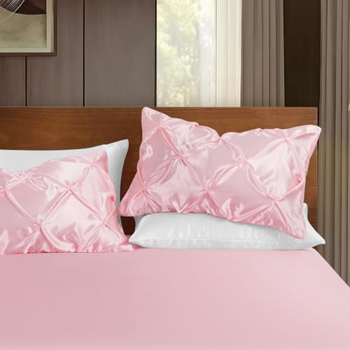 Blush Pink Satin Pillowcase Set - 2 Pcs Standard 20x26 Inch with Pintuck Design