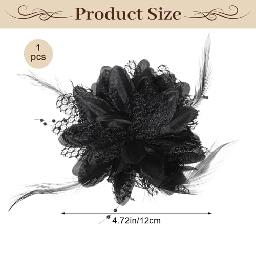 Black Rose Flower Hair Clip and Brooch with Feathers and Mesh