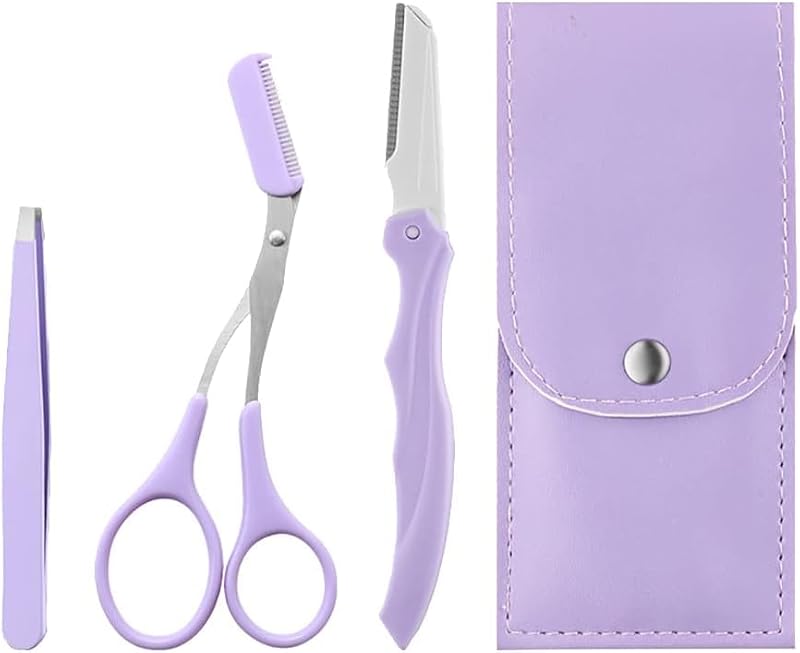 3 Pcs Purple Eyebrow Scissor Trimmer Razor with PU Leather Case