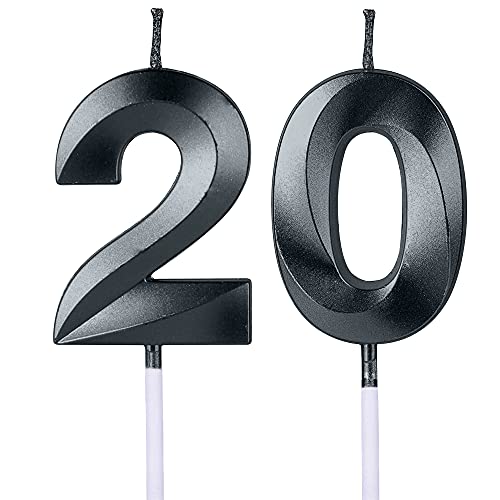 Black Number 20 Birthday Cake Candles - 2 Glitter Candle Set