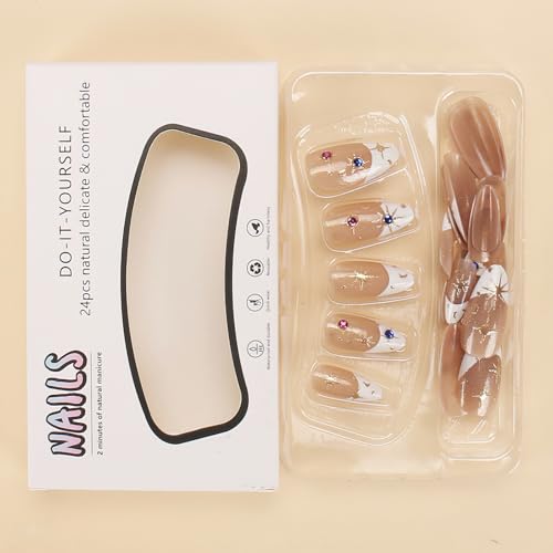 White French Tip Press On Nails Medium Almond with Rhinestones 24Pcs