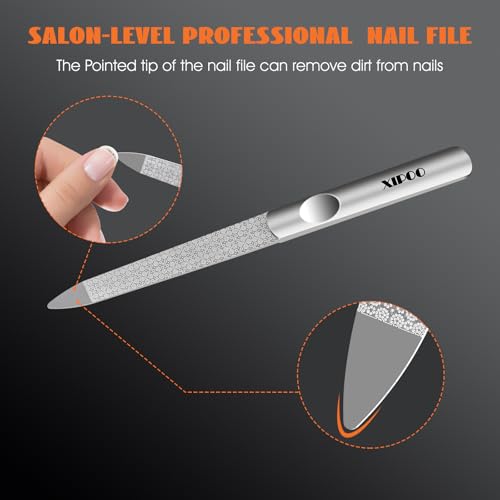 XIPOO Stainless Steel Metal Nail Files Set with Pointed Tip and Anti-Slip Handle for Natural and Acrylic Nails
