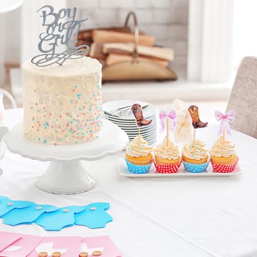 Kolldenn 36 Pcs Gender Reveal Cupcake Toppers - Boots & Bows