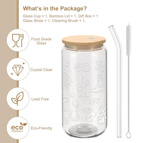 Cowgirl Glass Cup with Bamboo Lid and Straw - 16oz Western Iced Coffee Tumbler