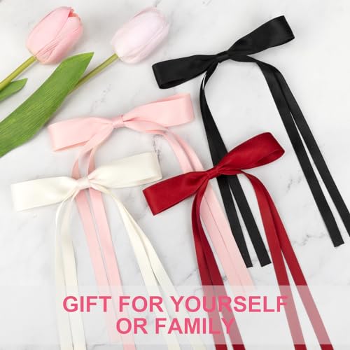 8-Pack Silky Satin Hair Bows with Long Tassels, Ribbon Bowknot Clips for Women