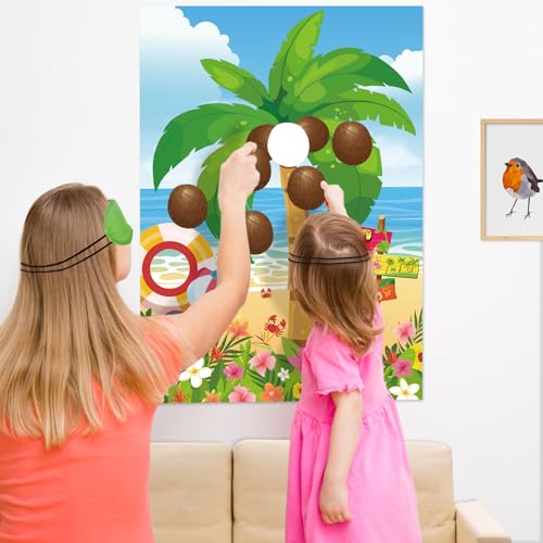 Hawaiian Luau Party Game - Pin The Coconut on Palm Tree Set