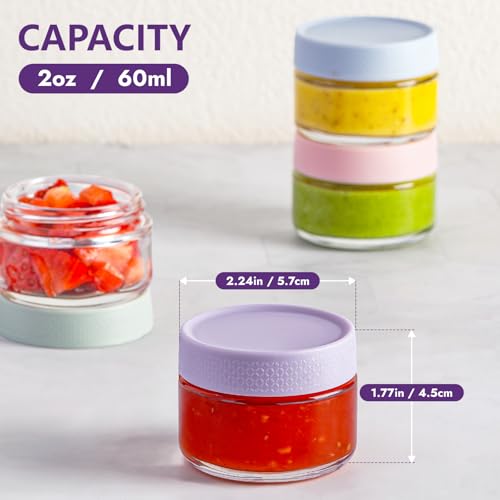 AOZITA Light Glass Salad Dressing Containers, 6 Pack 2oz Leakproof Cups with Lids