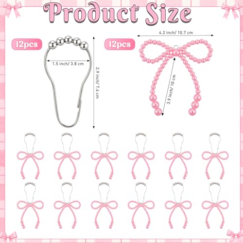Pink Pearl Bow Shower Curtain Hooks - 12 Decorative Rings