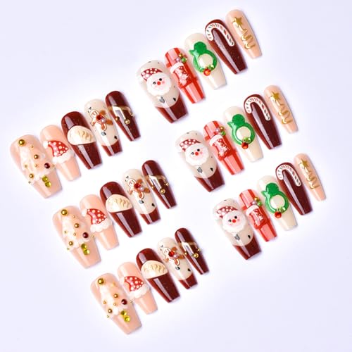 Christmas Press on Nails Medium Square French Tip Fake Nails with 3D Beads
