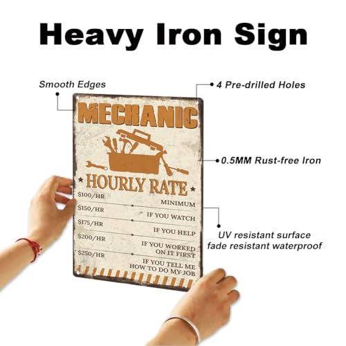 Vintage Mechanic Hourly Rate Metal Wall Sign - 12" x 8"