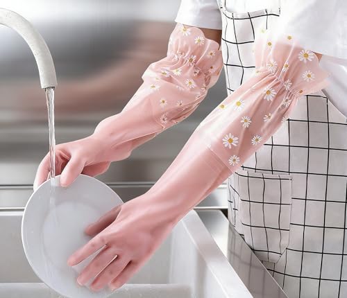 Waterproof Rubber Cleaning Gloves with Long Elastic Cuffs - Pink Lace