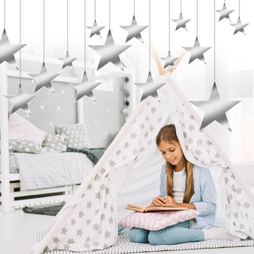 24 Pcs Silver Hanging Star Decorations - Glitter Cardboard Cutouts for Party