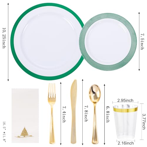 Ciaell 175PCS Christmas Plastic Party Plates Set - White & Green, Green Grid Variation