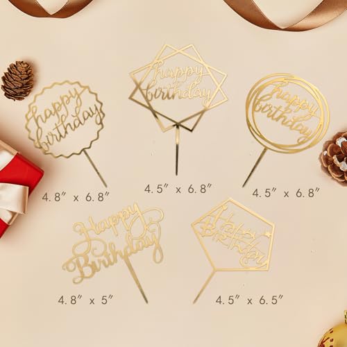 6-Pack Gold Happy Birthday Cake Toppers - Acrylic Decorations