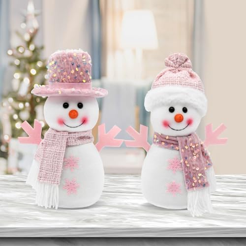 Pink Christmas Snowman Decorations - Light Pink Pastel Holiday Table Centerpiece 2Pcs
