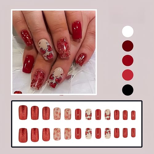 Valentine Square Press on Nails Red Glitter Heart Acrylic Fake Nails