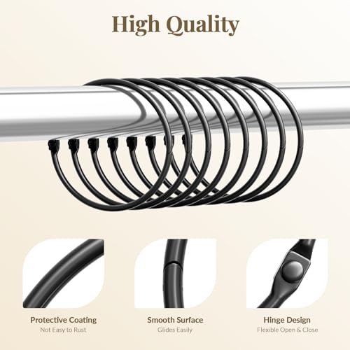 Bathway Black Shower Curtain Rings - Rust-Proof Metal Anti-Drop Hooks