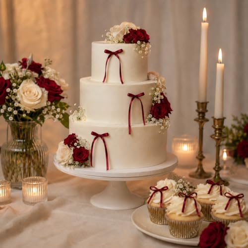 30 Pack Burgundy Satin Bow Cake Toppers - Pre-Tied for Easy Decoration
