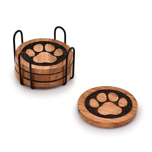 Kimona Set of 4 Wooden Paw Coasters with Iron Holder