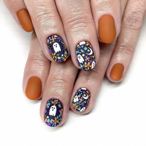 Halloween Press on Nails Short Oval Matte False Nails with Ghost Pattern