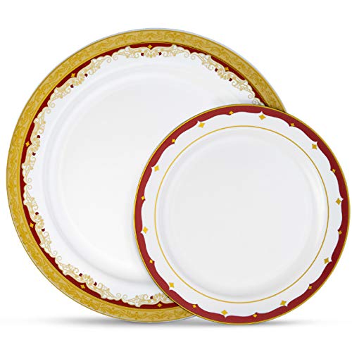 Laura Stein Vintage Burgundy Gold Rim Disposable Plastic Plates 64 Pack - Combo of 2 Sets
