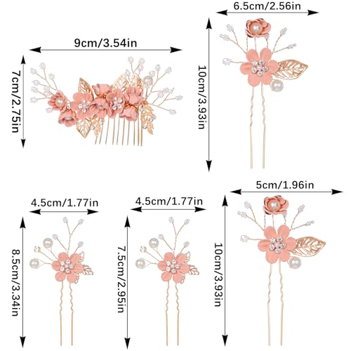 5-Piece Pink Bridal Hair Pins & Comb Set with Pearls and Rhinestones