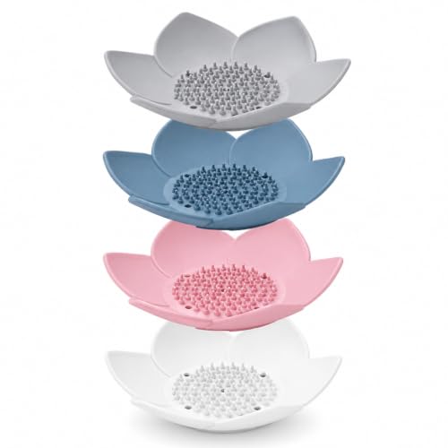 4 Pack Silicone Soap Dish, Lotus Self-Draining Soap Holder for Shower