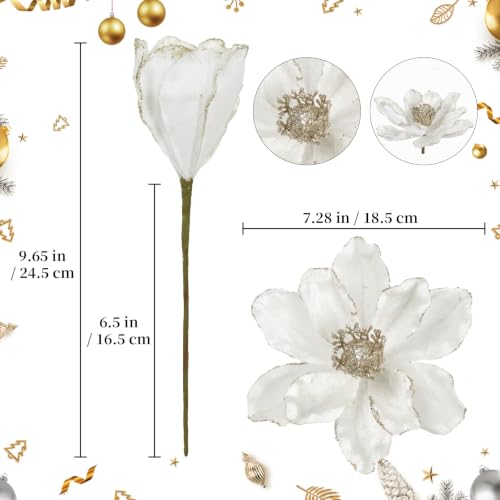 White Glitter Magnolia Artificial Flowers for Christmas Tree - 10 Pieces