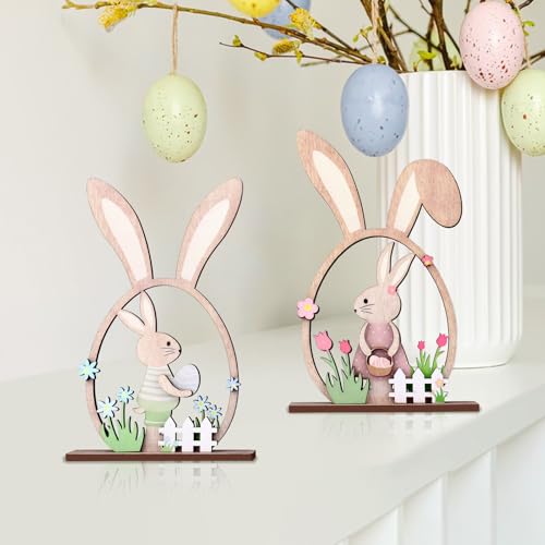 Easter Bunny Desk Ornaments - 2Pc Wooden Floral Decor Set