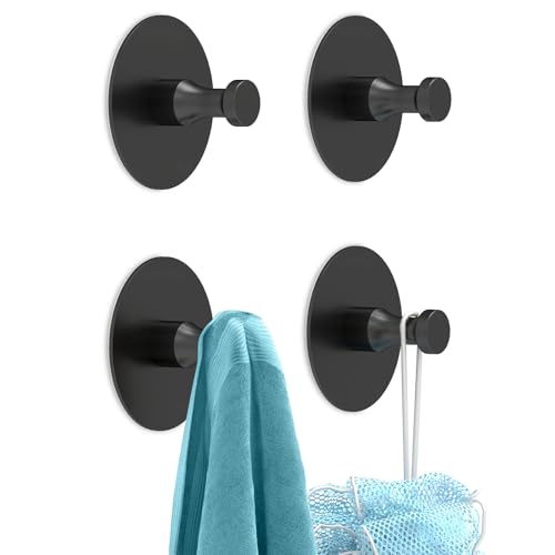 STWWO Adhesive Hooks for Walls, Heavy Duty Aluminum Towel Hooks - 4 Pack Black