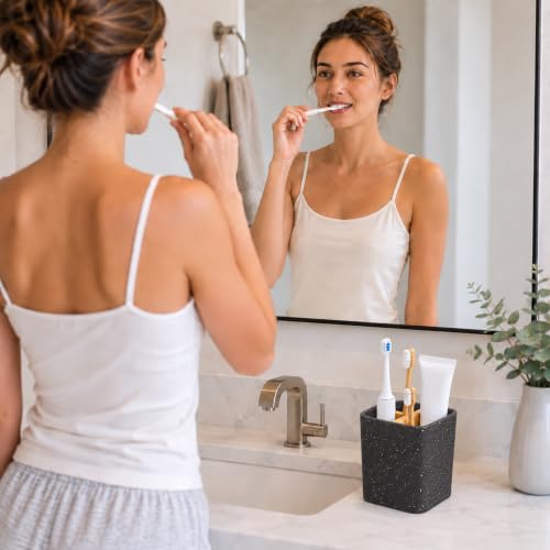 Leadiy Bamboo Toothbrush Holder with 3 Slots for Bathroom Counter - Black Marble Design