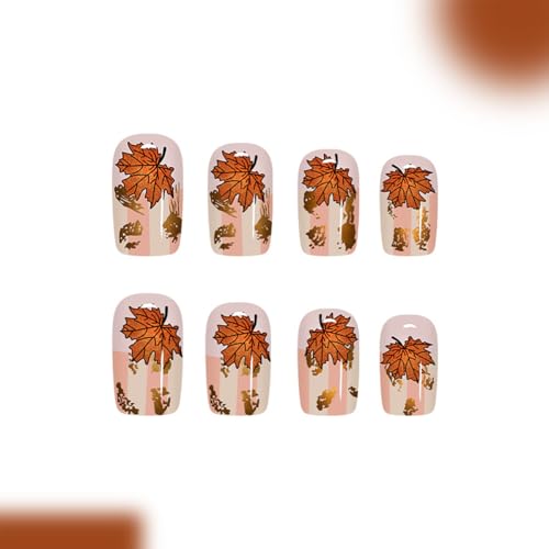 Fall Press on Nails Short Square False Nails Maple Leaf Gold Leaf Acrylic Nails 24Pcs