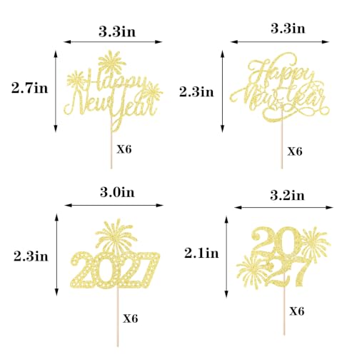 Happy New Year Gold Glitter Cupcake Toppers - 24 Pack, Variation 9