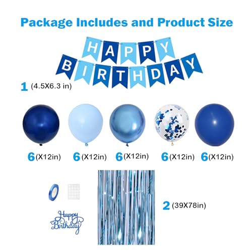 Blue Birthday Decorations Set - Happy Birthday Banner, Balloons, Streamers & Cake Topper - Timfcbs, For Men & Boys