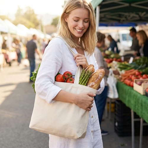 5 Pack Reusable Canvas Tote Bags - Premium Grocery and Shopping Bags