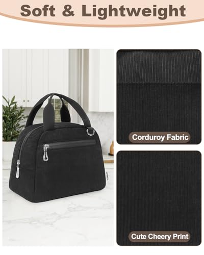 Insulated Women’s Lunch Bag - Reusable Corduroy Tote with Front & Back Pockets