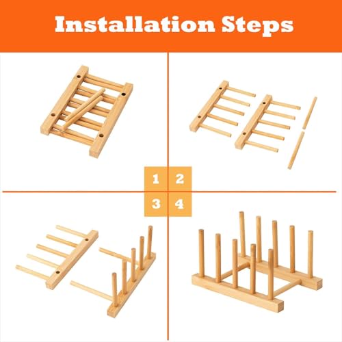 Bamboo Wooden Dish Rack Set of 4 - Space Saver for Plates, Bowls & Lids