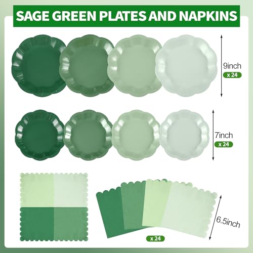 NatNarr Sage Green Plates & Napkins Set for Parties, 24 Guests, Scalloped Edges