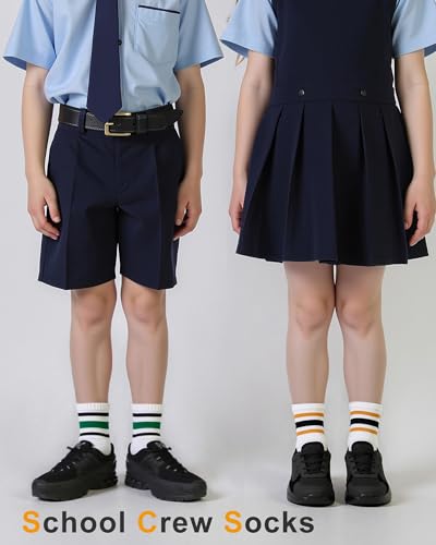 Unisex Kids Crew Cotton Socks for Girls and Boys School Uniform - Large, 3 Stripes White Set