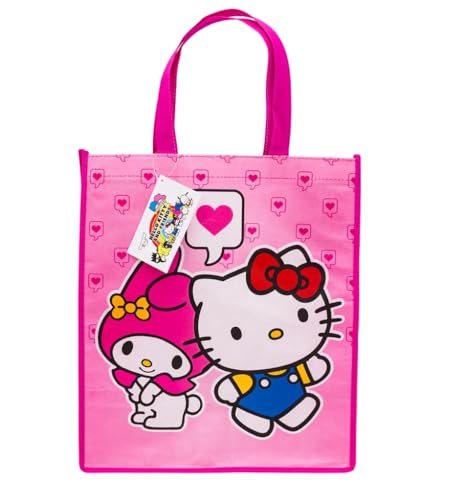 Hello Kitty Reusable Tote Bags Set - 3 Pack, 16-Inch, Pink & Black