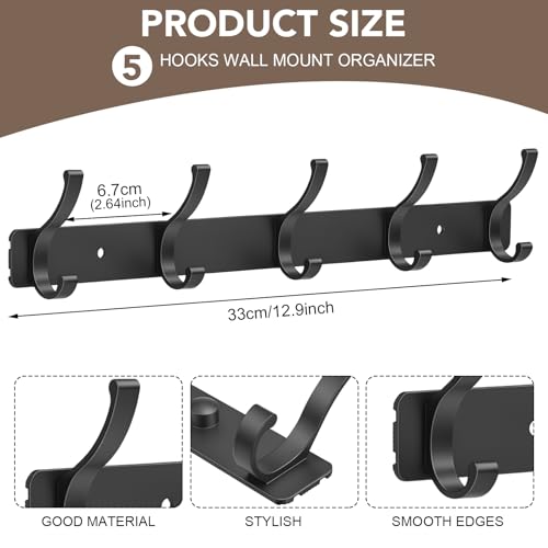 Dntorx Black Wall Mount Coat Rack 2 Pack with 5 Double Hooks - Easy Install