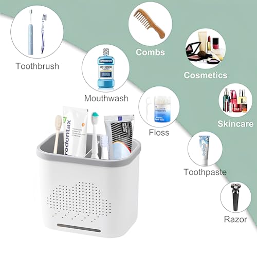 BINBLEOM White & Gray 2-Slot Toothbrush & Toothpaste Holder with Drainage, Detachable Bathroom Organizer
