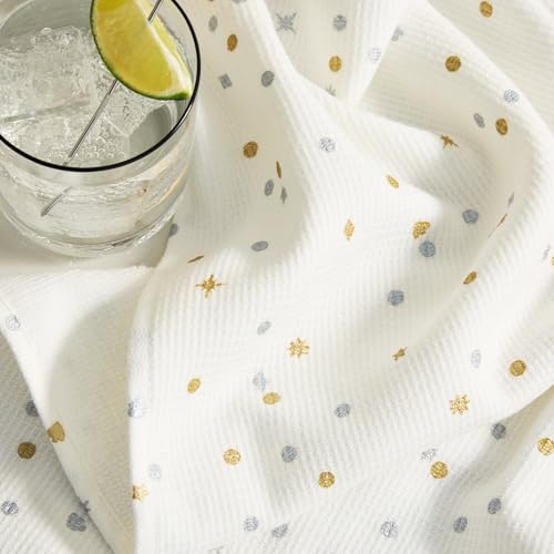 Kate Spade New York Celebration Dot Holiday Kitchen Towels 2-Pack Set, 100% Cotton with Metallic Print, Lint-Free & Absorbent, Ivory/Gold/Silver, 17"x28"