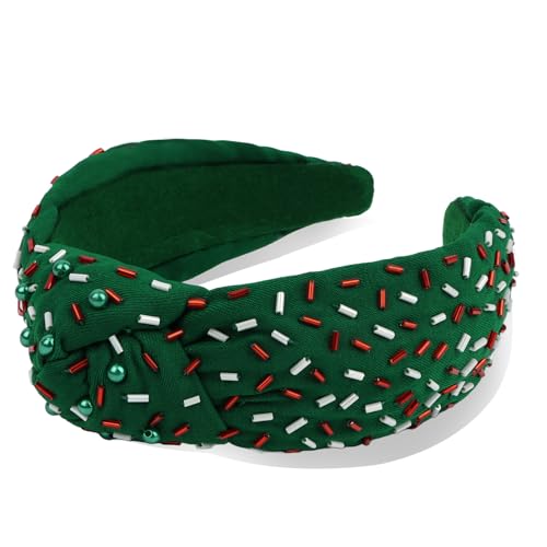 YISSION Green Christmas Knotted Headband - Beaded & Sequined Wide Hair Hoop