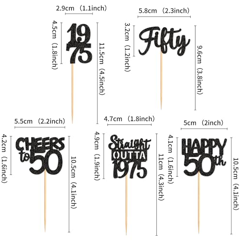 30PCS Black Glitter 50th Birthday Cupcake Toppers Set