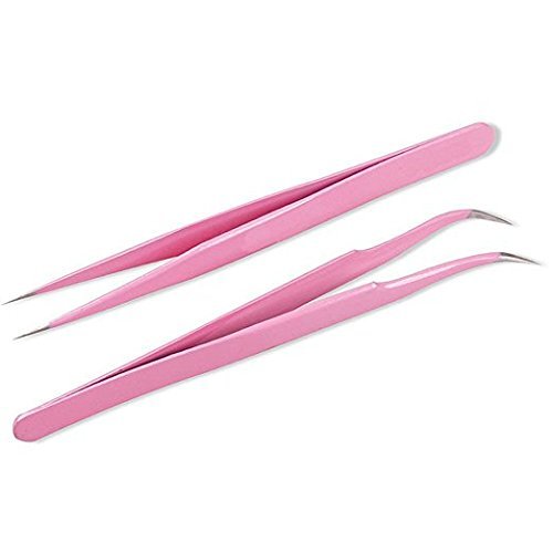 Onwon Pink Stainless Steel Eyelash Extension Tweezers Set - 2 Pcs Straight and Curved Tip