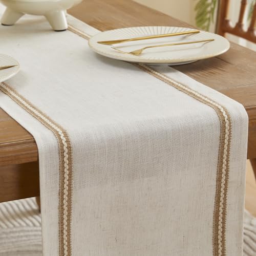 Jute Table Runner 108 Inch Farmhouse Linen with Natural Jute Lace - Off White