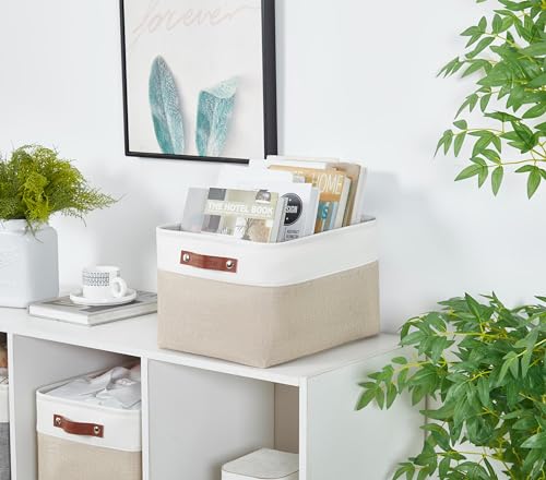 DECOMOMO Large Fabric Storage Bins - 15x11x9.5 inches, Beige & White